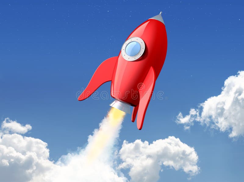 3D rendering of cartoon funny red rocket launching in the clouds. File contains a path to isolation for spaceship. royalty free illustration