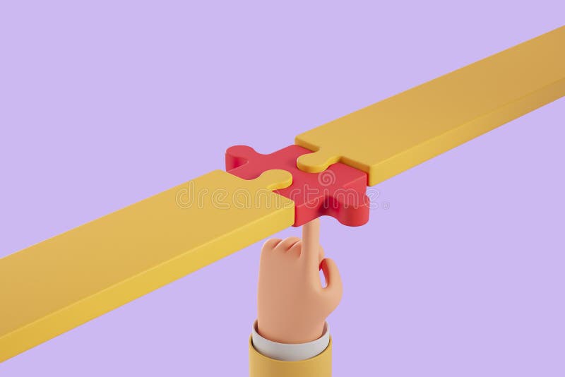3d rendering. Cartoon hand add a jigsaw puzzle to the track royalty free illustration