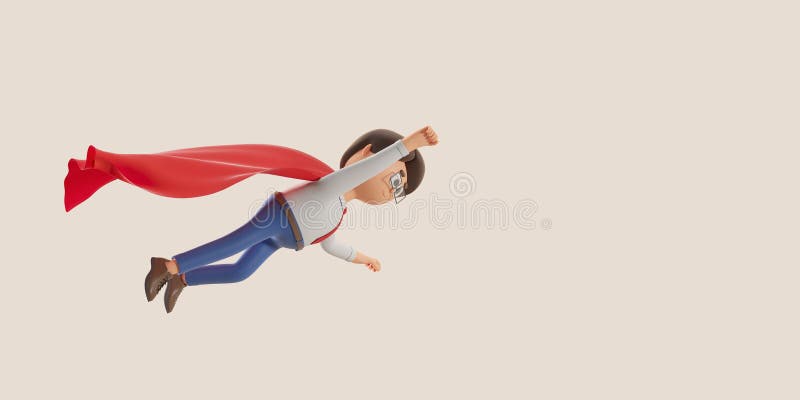 3d rendering. Cartoon man flying in super hero cloak, copy space vector illustration