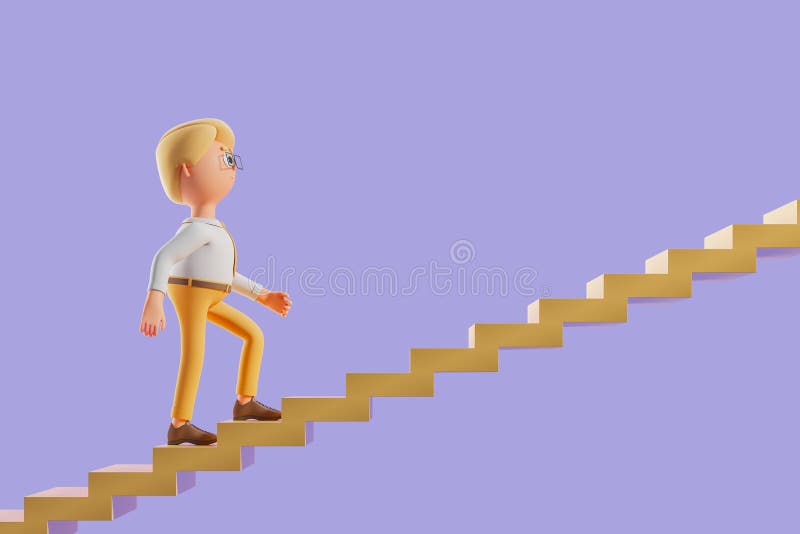 3d rendering. Cartoon man going up a career ladder, copy space vector illustration