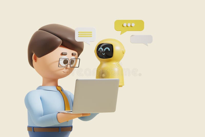 3d rendering. Cartoon man with laptop, robot texting information vector illustration