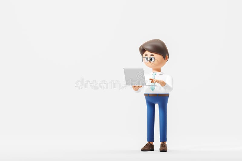 3d rendering. Cartoon man using laptop on empty white background vector illustration