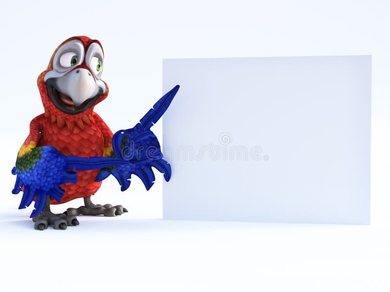 3D rendering of cartoon parrot pointing at a blank sign. 3D rendering of cartoon parrot smiling and pointing with its wing to a blank sign. White background.