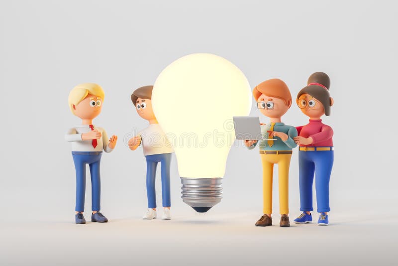 3d rendering. Cartoon teamwork working in laptop, big lightbulb royalty free illustration