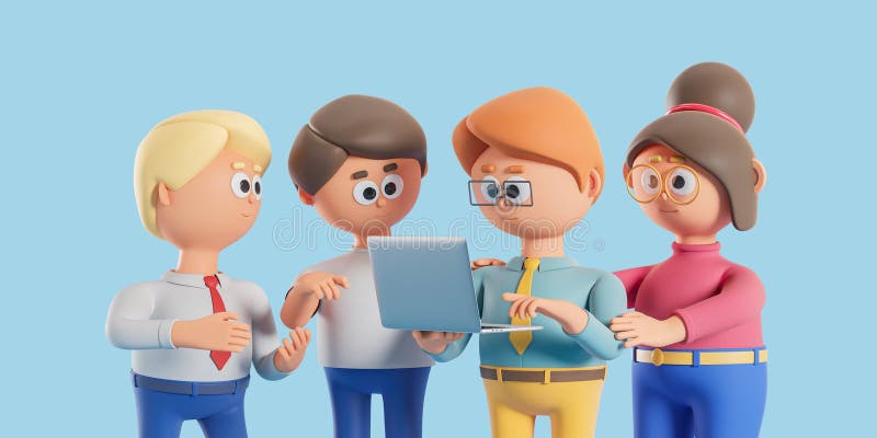 3d rendering. Cartoon teamwork working in laptop, cooperation royalty free illustration
