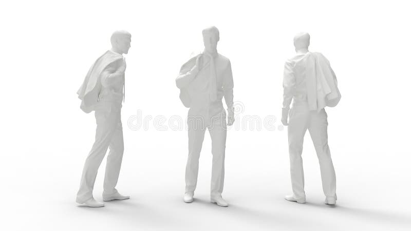 3D rendering of a casual business man front side and back view. Computer render model isolated silhouette. stock illustration