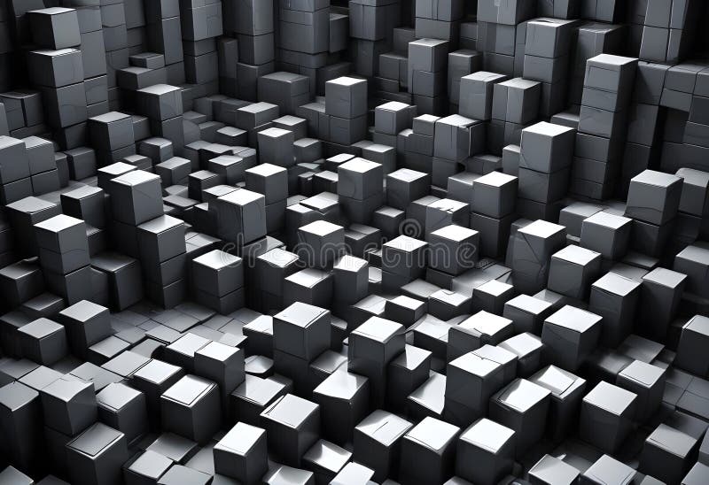 3D rendering of a chaotic arrangement of silver cubes, creating a textured and abstract composition. The cubes are arranged in a random pattern, creating a sense of depth and perspective. High quality photo AI generated