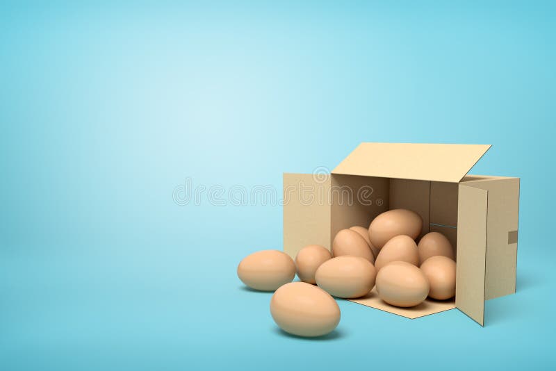 3d rendering of chicken eggs in carton box on blue background.