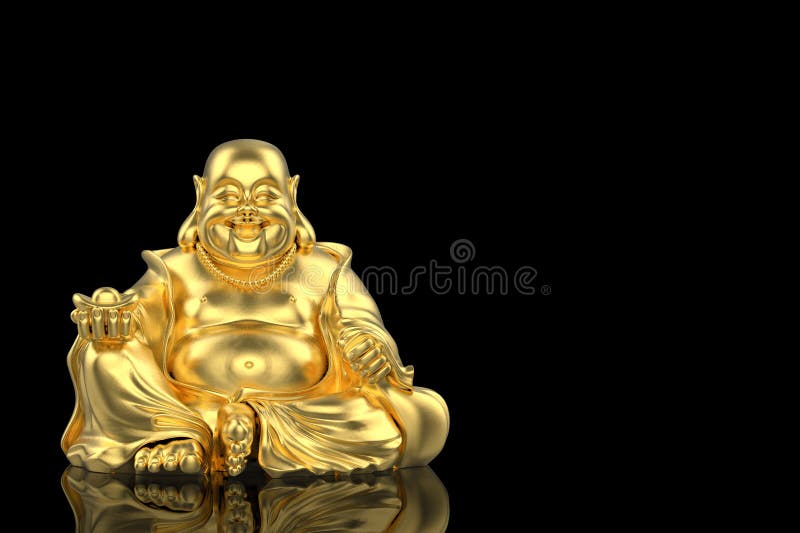 3d rendering. Chinese golden happy smiling monk buddha statue with clipping path isolated on black background