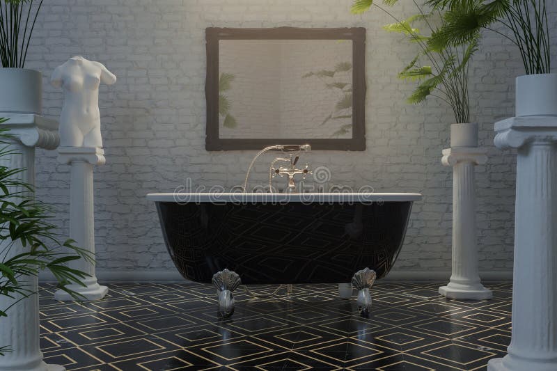 Classic Bathroom with Ionic Columns and White Brick Wall Stock