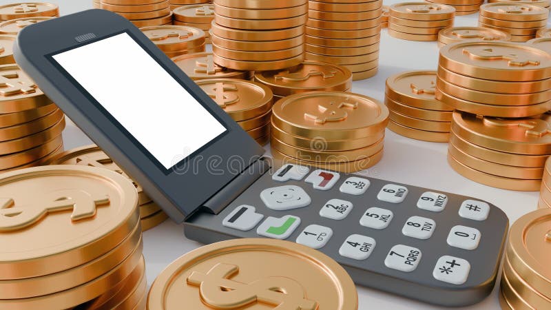 3D rendering of a classic flip phone and pile of golden coins stock illustration