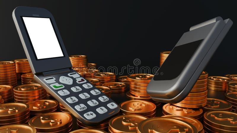 3D rendering of a classic flip phone and pile of golden coins royalty free illustration