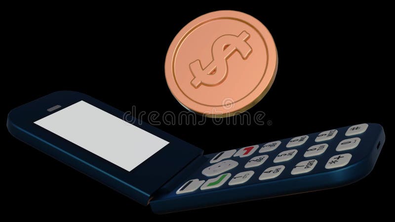 3D rendering of a classic flip phone and pile of golden coins stock illustration