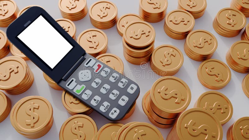 3D rendering of a classic flip phone and pile of golden coins vector illustration
