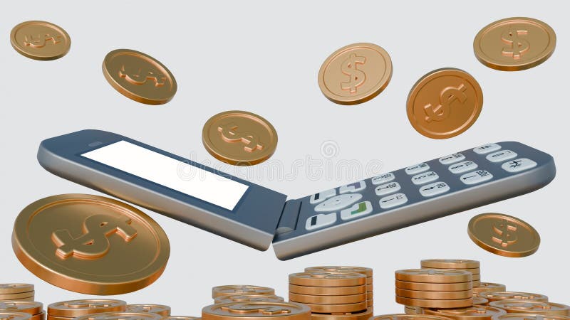 3D rendering of a classic flip phone and pile of golden coins vector illustration
