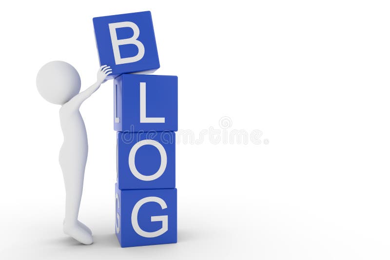3D rendering from a clay character lifting a cube letter B to the top of the other letters from thew word blog