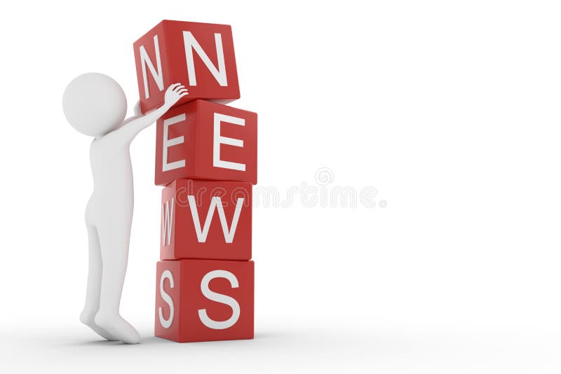 3D rendering from a clay character lifting a cube letter N to the top of the other letters from thew word news