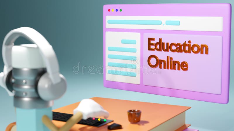 3D Rendering of closeup computer set on books that represents education online concept. Learning through the internet vector illustration