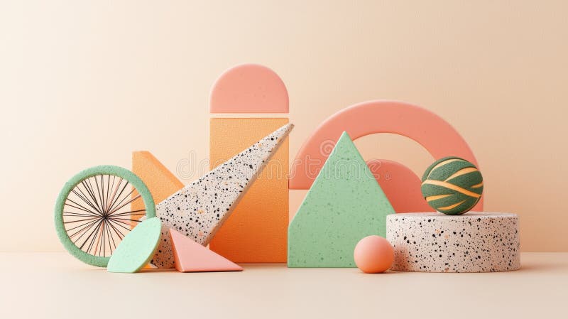 A 3D rendering of a collection of geometric shapes in various colors and textures. The image presents a 3D rendering of a collection of geometric shapes, each with its own unique color and texture. The shapes include a pink sphere, a peach-colored cylinder, a peach-colored triangle, a peach-colored circle, a peach-colored square, a peach-colored trapezoid, a peach-colored oval, a peach-colored sphere, a peach-colored sphere, and a peach-colored sphere. The spheres are positioned in a way that creates a sense of depth and perspective, with the largest sphere at the center and the smaller spheres surrounding it. The background is a light beige color, providing a neutral backdrop that allows the colorful shapes to stand out. AI generated