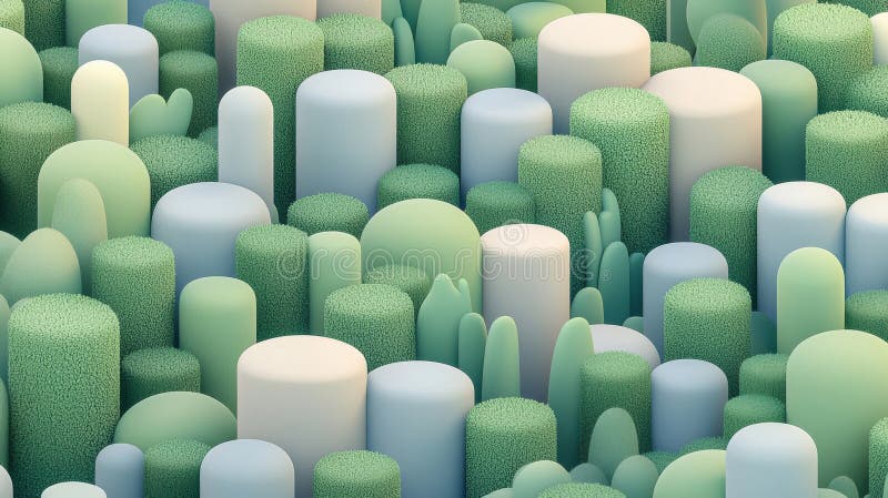 A 3D rendering of a collection of light green, cylindrical objects arranged in a dense, overlapping pattern. stock illustration