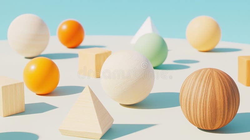 A 3D rendering of a collection of spheres and cubes arranged on a light blue background. vector illustration