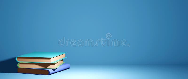 3D Rendering of colorful books on isolated blue background. There is a blank space for text. Education concept