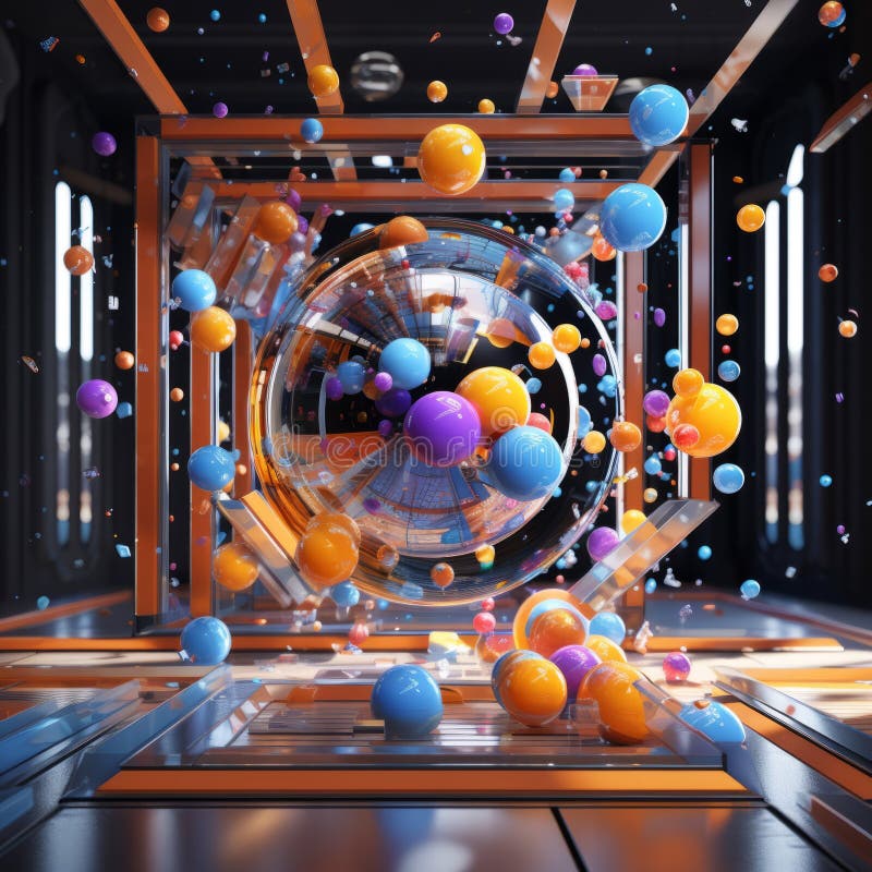 3d redarea sferelor colorate care plutesc într-o cameră goală stock photos