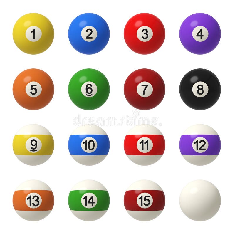 3d Rendering of a Complete Set of Billiard Balls in Front View with Different Colors and Numbers