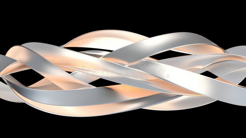 A 3D rendering of a complex, abstract design composed of intertwined, curved lines in shades of silver, gold, and peach. stock illustration