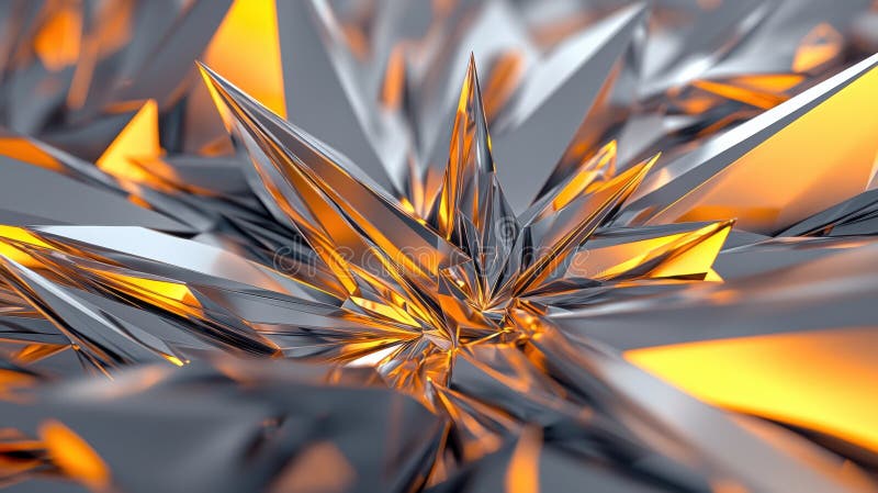 A 3D rendering of a complex, abstract design composed of metallic shapes in shades of silver, gold, and orange. royalty free illustration