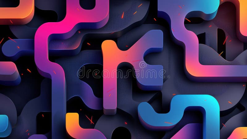 A 3D rendering of a complex, abstract design composed of various shapes and colors. stock illustration