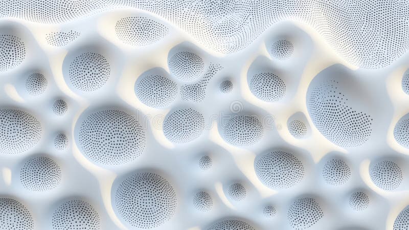 A 3D rendering of a complex, abstract pattern composed of numerous interconnected circles and lines. stock illustration