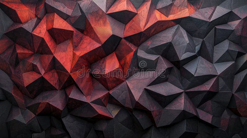 A 3D rendering of a complex, abstract pattern composed of numerous triangular facets in shades of red, black, and gray. royalty free illustration