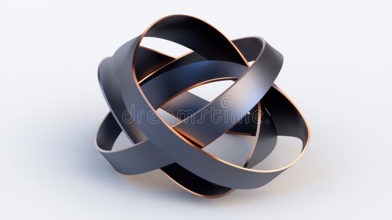 A 3D rendering of a complex, abstract structure composed of interconnected, curved lines in shades of blue and gold. royalty free illustration