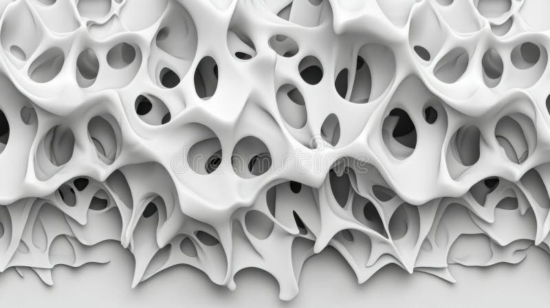 A 3D rendering of a complex, abstract structure composed of interconnected, organic shapes. stock illustration