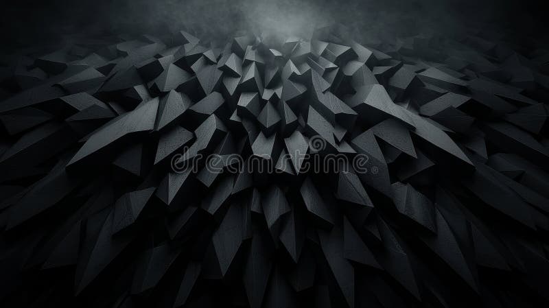 A 3D rendering of a complex, dark, and intricate structure composed of numerous triangular facets. stock illustration