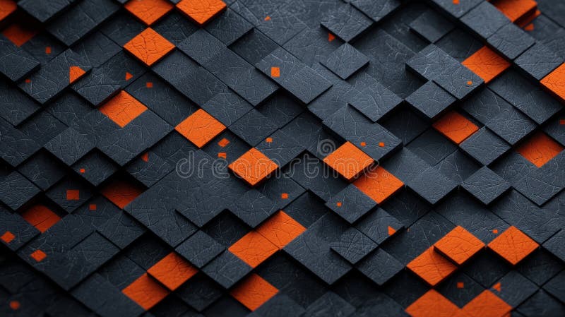 A 3D rendering of a complex geometric pattern composed of black and orange squares and rectangles. stock illustration