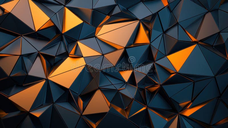 A 3D rendering of a complex geometric pattern composed of triangles and rectangles in shades of blue, orange, and black. stock illustration