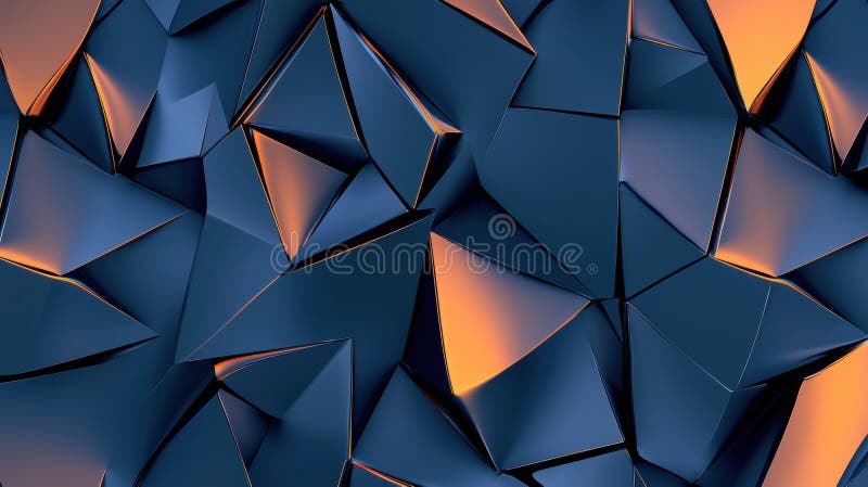 A 3D rendering of a complex geometric pattern in shades of blue and orange. stock illustration