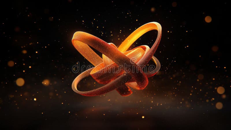 A 3D rendering of a complex, intertwined, metallic structure against a dark background. stock illustration