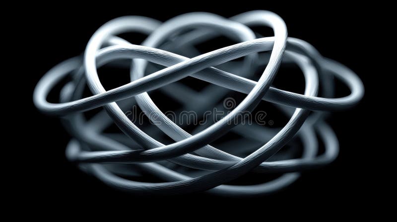 A 3D rendering of a complex, metallic wire structure against a black background. stock illustration