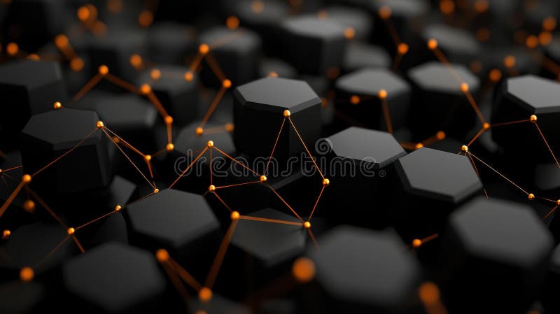 A 3D rendering of a complex network of interconnected black hexagonal objects, illuminated by orange light. vector illustration