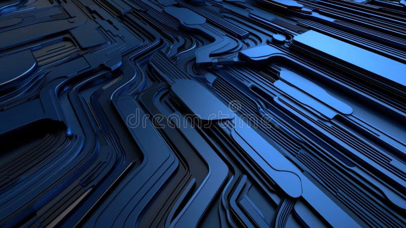 A 3D rendering of a complex network of interconnected blue and black lines and shapes. vector illustration