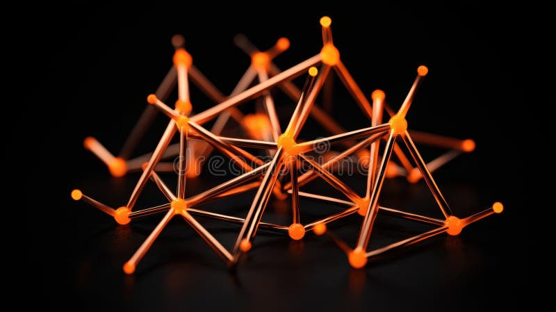 A 3D rendering of a complex network of interconnected metal rods and tubes, glowing with a warm orange light. royalty free illustration