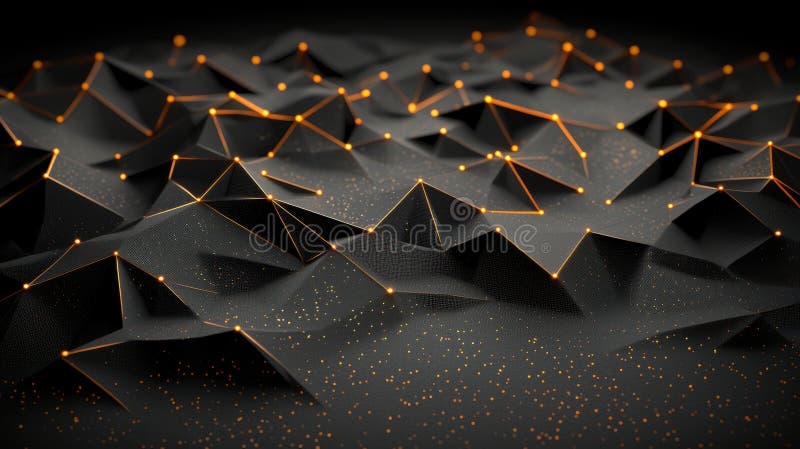A 3D rendering of a complex network of interconnected nodes and lines, rendered in shades of black and orange. vector illustration