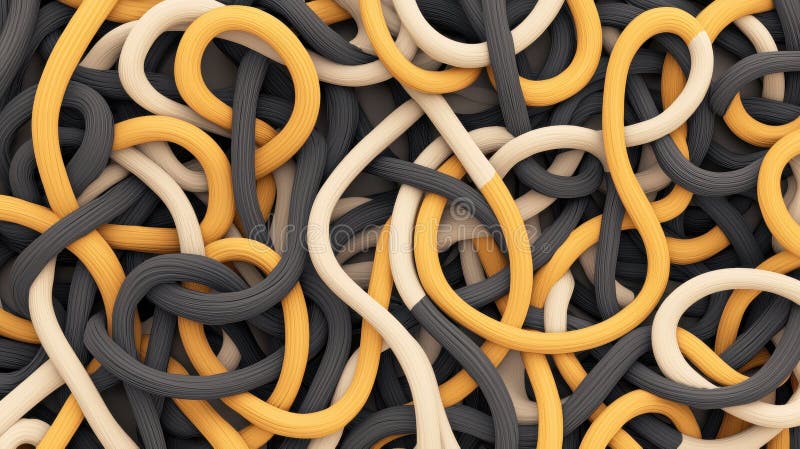 A 3D rendering of a complex network of interconnected orange and white lines, resembling a tangled web or a maze. stock illustration