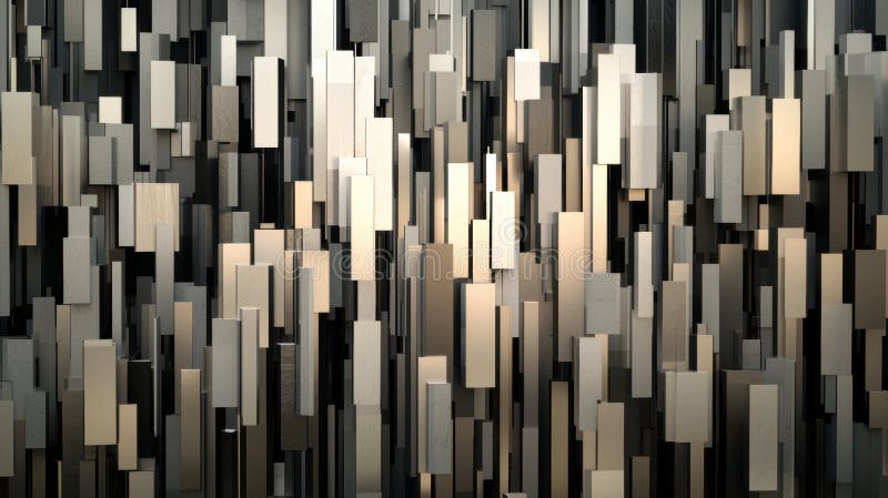 A 3D rendering of a complex structure composed of numerous interconnected cubes in varying shades of gray and beige. stock illustration