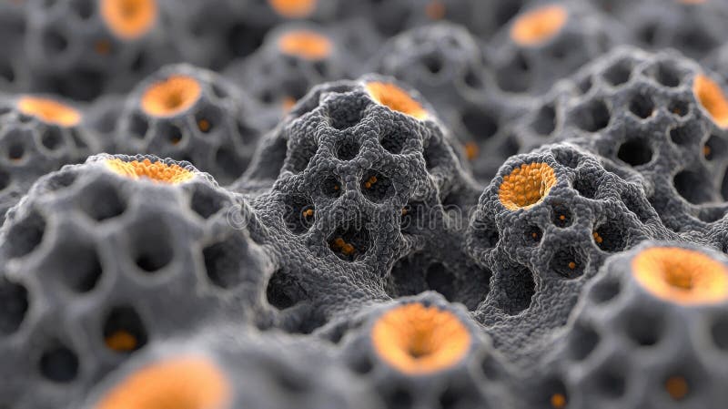 A 3D rendering of a complex, textured surface with a network of holes and a central, elongated structure. royalty free illustration