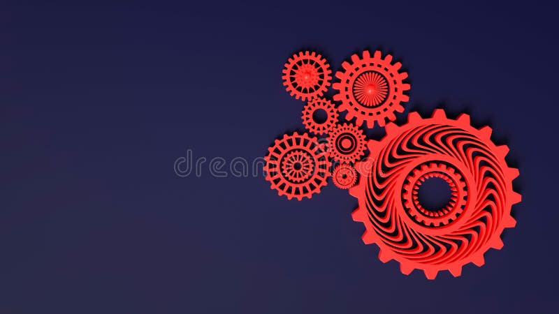 3d rendering. Composition of red gears symbolizing cooperation and teamwork. Cogwheels for websites or business design banners. royalty free illustration