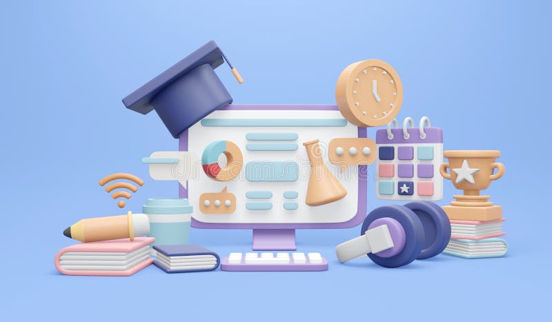 3D Rendering of computer with learning icons computer graduation hat headphone books pencil on background stock illustration